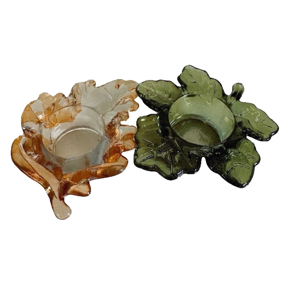 Vintage Maple Leaf Green & Orange Glass Votive Tea Light Candle Holder Set